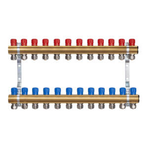 Rozdzielacz do C.O. mosiężny z zaworami i złączkami na rurę 20 -  12 obwodów