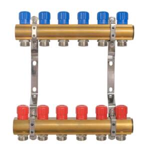Rozdzielacz do C.O. mosiężny z zaworami  6 sekcji centralnego ogrzewania